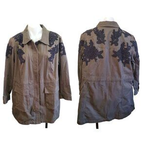 Halogen Floral Laced Embroidered Military Utility Cargo Jacket 2X Olive Green